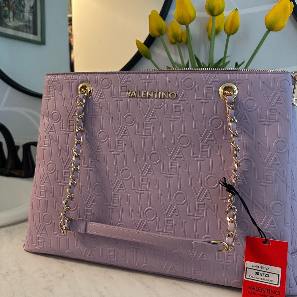 Valentino Purple Embossed Shoulder Bag with Gold Chain